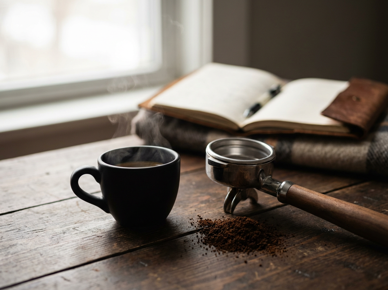 Steaming espresso in a matte demitasse on a rustic wooden table with a portafilter and fresh grounds, notebook blurred behind.