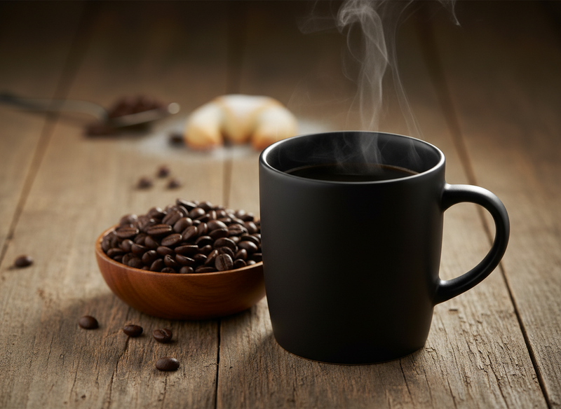 Steaming mug of decaf coffee on a wooden table (UK decaf coffee guide)