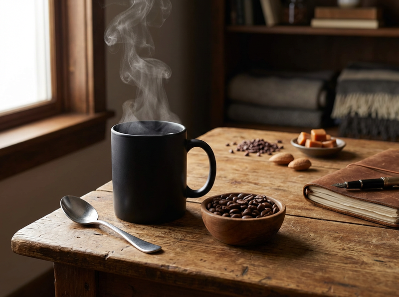 Steaming matte mug on a rustic wooden table with coffee beans, a cupping spoon, and subtle tasting-note props in soft focus.