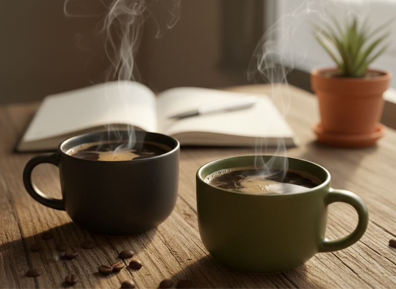 Two steaming mugs of coffee on a wooden table (dark roast vs medium roast guide)