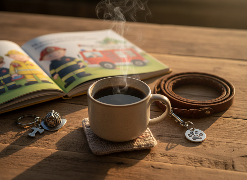 Steaming coffee mug with subtle firefighter and wellbeing dog details (Ambassador: Lucy & Blue)