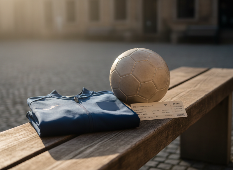 Folded navy tracksuit top and football on a wooden bench (grassroots team sponsorship)