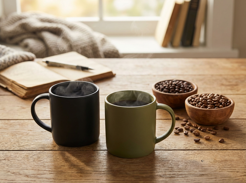 Two steaming matte mugs on a rustic wooden table with bowls of coffee beans and a blurred notebook in the background.
