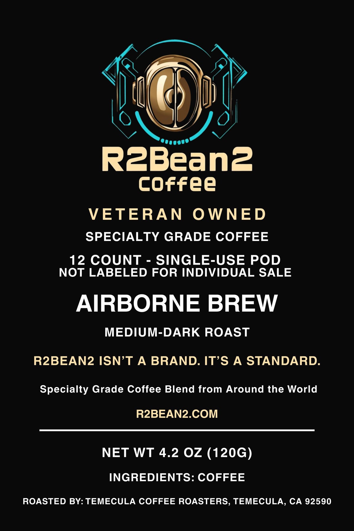 R2Bean2 Coffee packaging with branding and product details on a black background