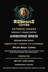 R2Bean2 Coffee packaging with branding and product details on a black background