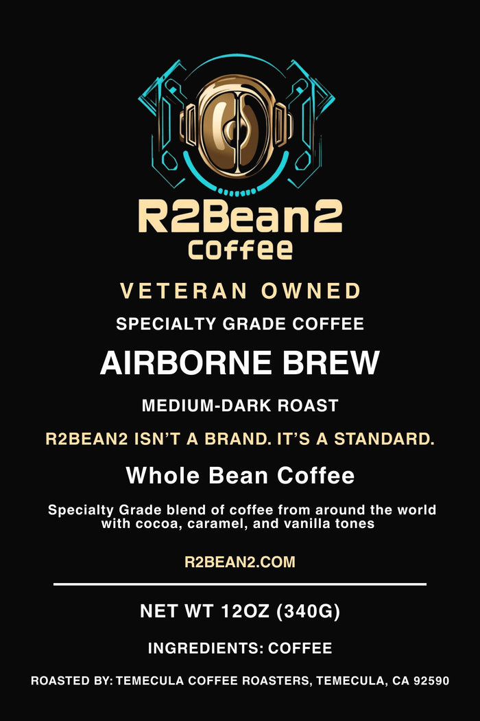 R2Bean2 Coffee packaging with branding and product details on a black background