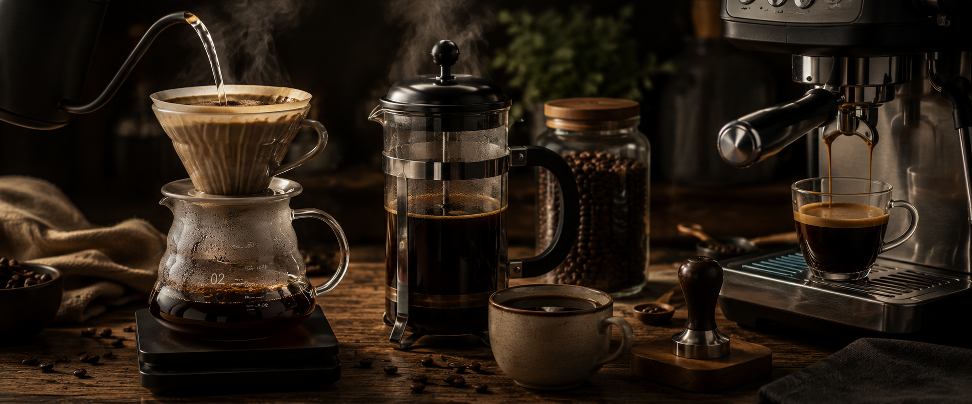 A coffee machine, cafetière, and stovetop percolator are displayed together with freshly brewed coffee, showcasing different ways to prepare coffee at home. The warm, inviting scene highlights a choice of brewing methods for every coffee lover.