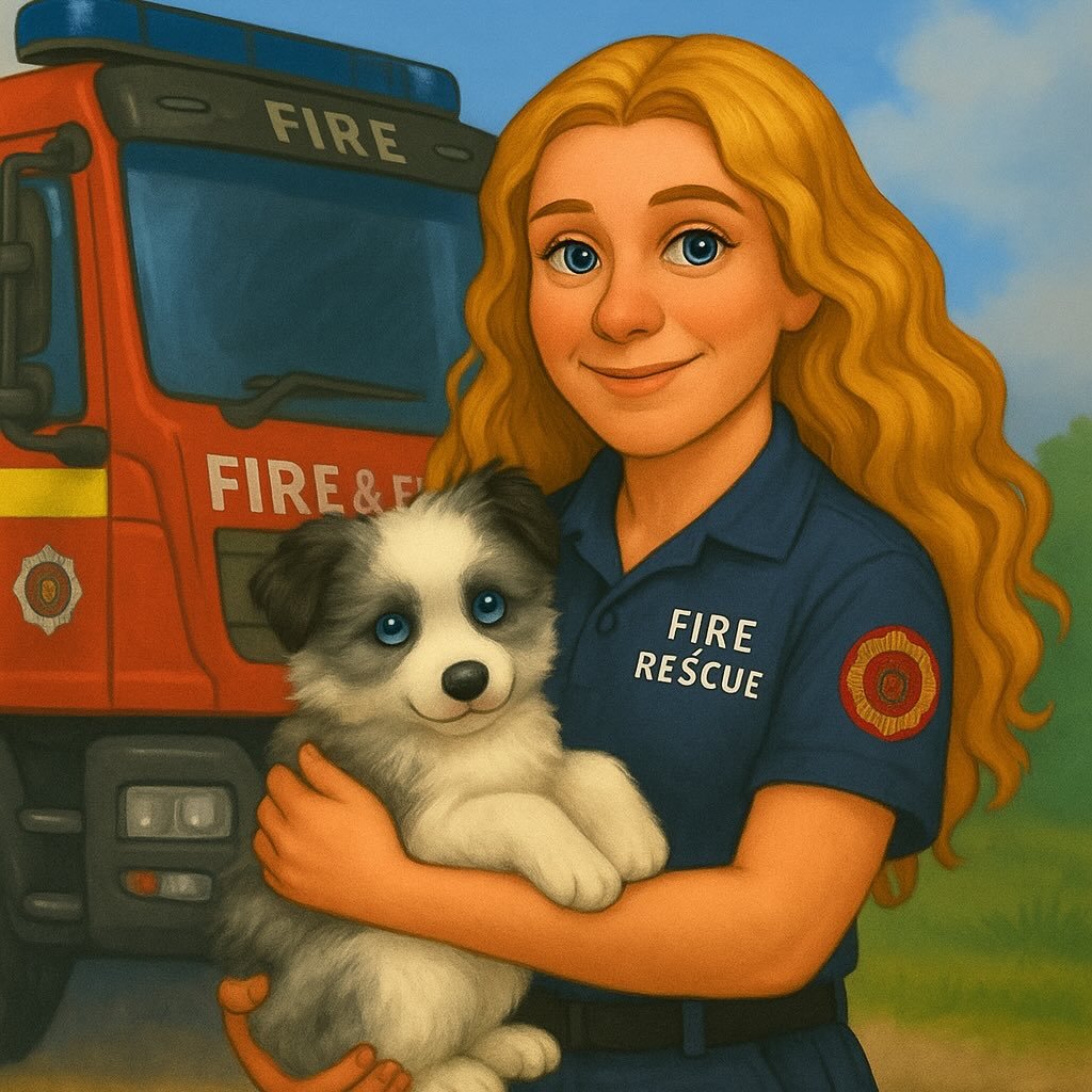 Fire rescue officer holding a puppy with a fire truck in the background