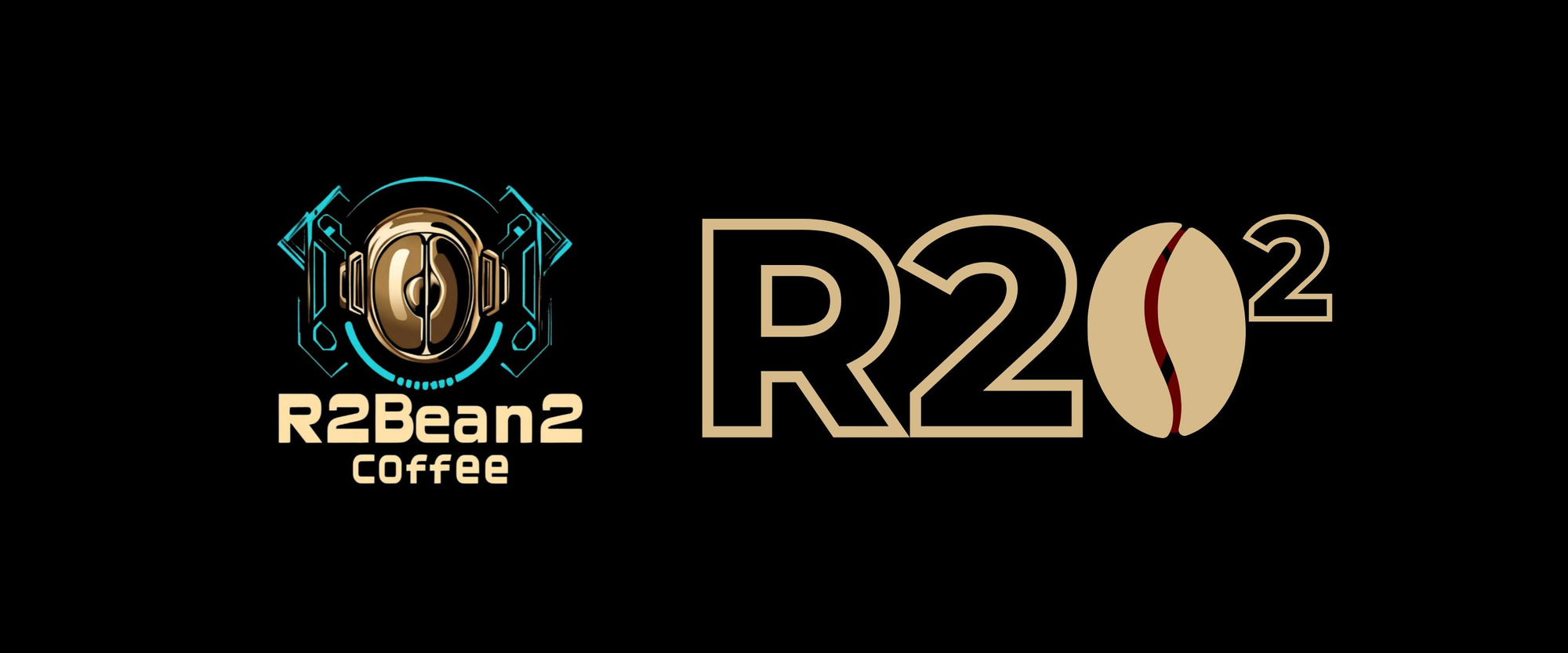 R2Bean2 coffee logo and R2Bean2 brand mark in gold and teal on a black background.