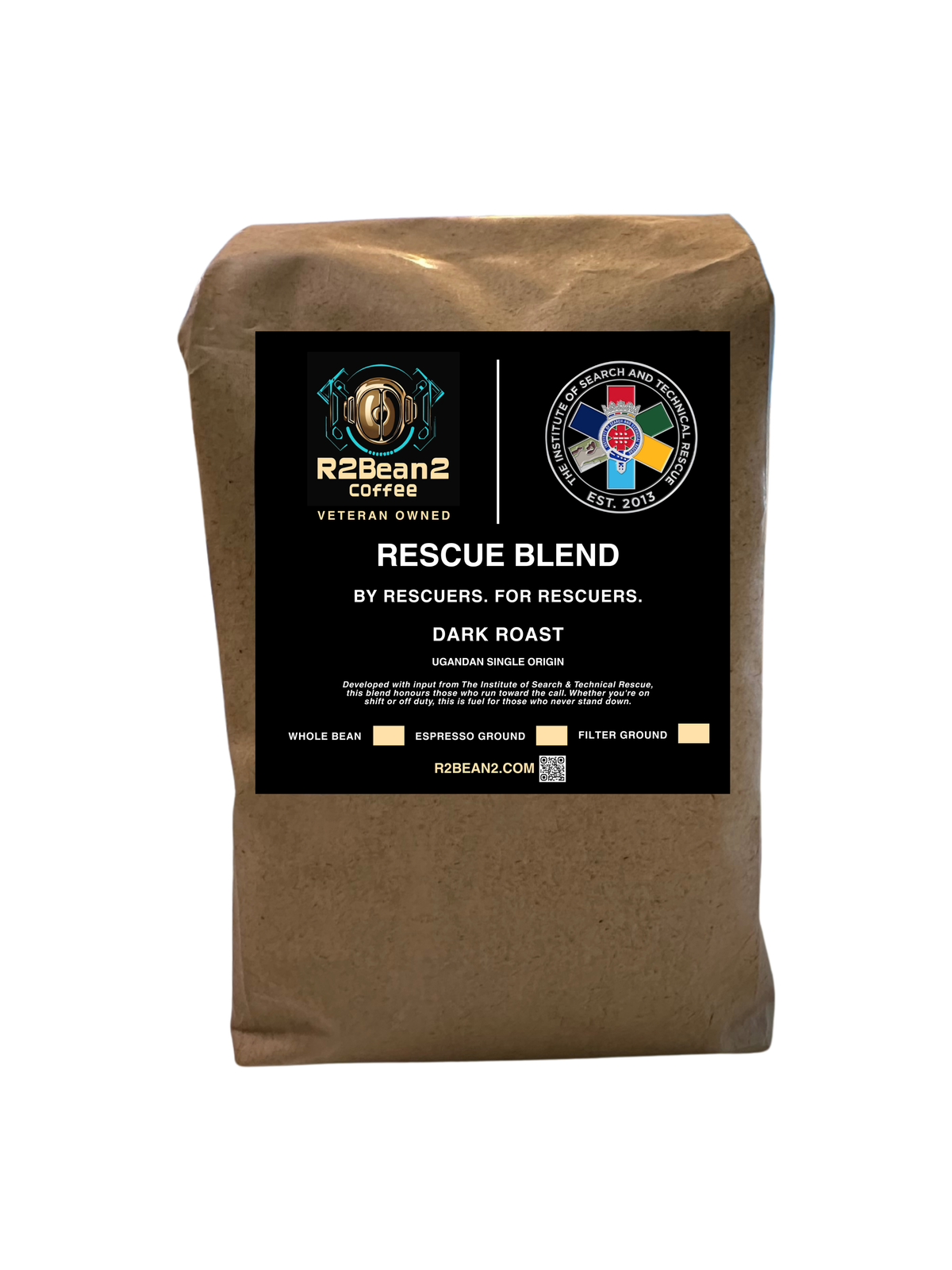 Kraft paper coffee bag with a label for R2Bean2 Coffee Rescue Blend on a white background