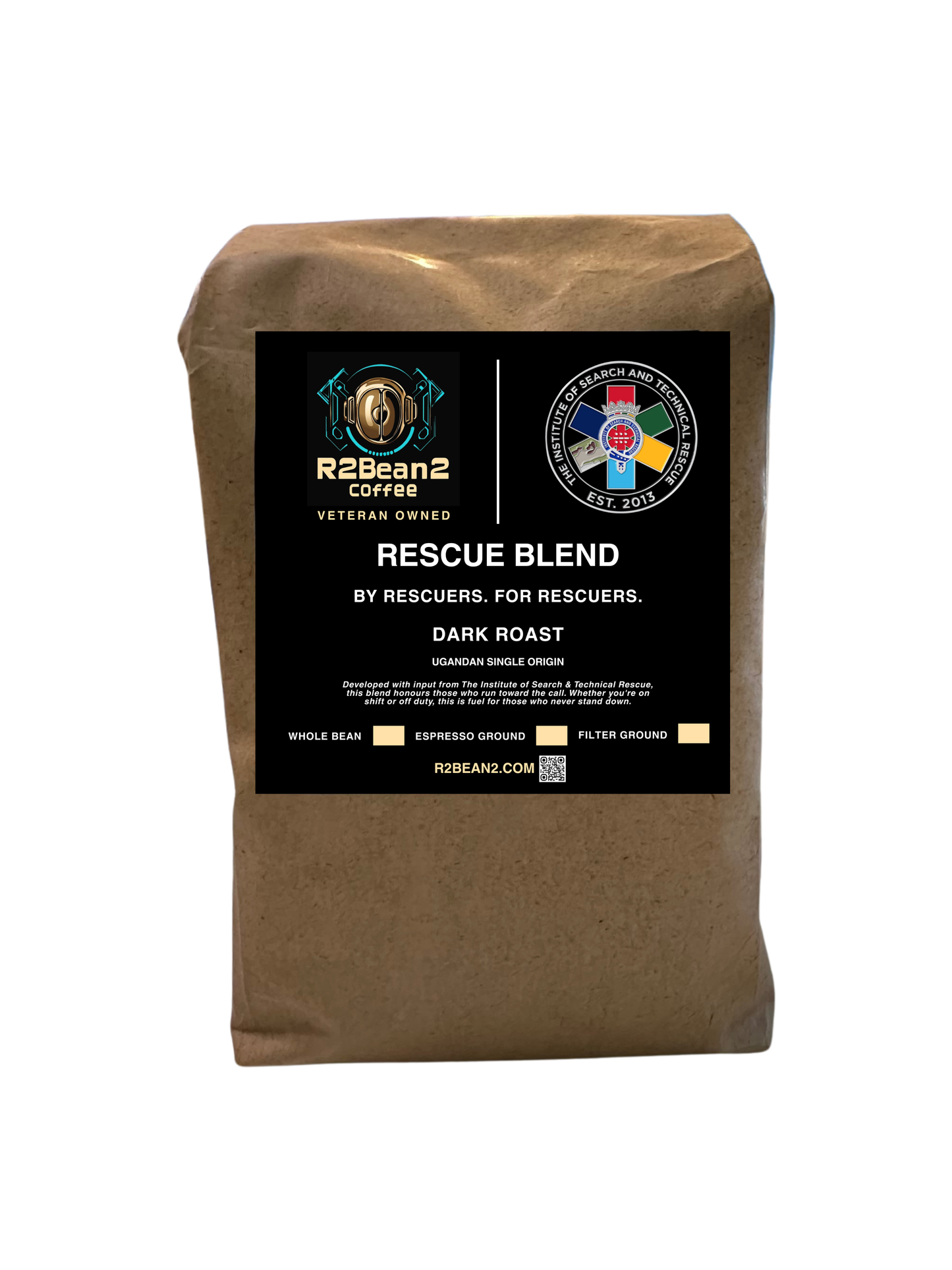 Kraft paper coffee bag with a label for R2Bean2 Coffee Rescue Blend on a white background