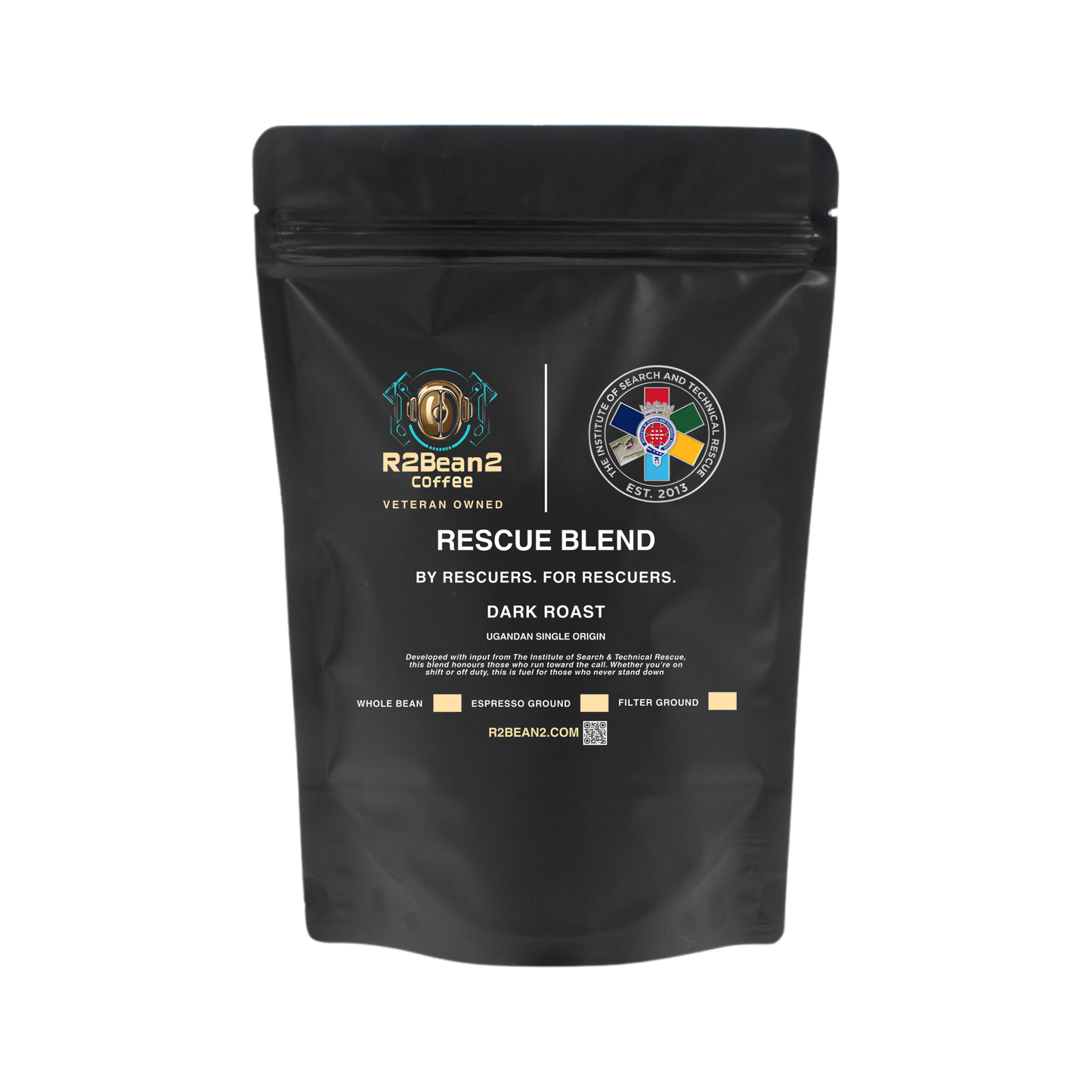 Black coffee bag labeled 'Rescue Blend' by R2Beans on a white background