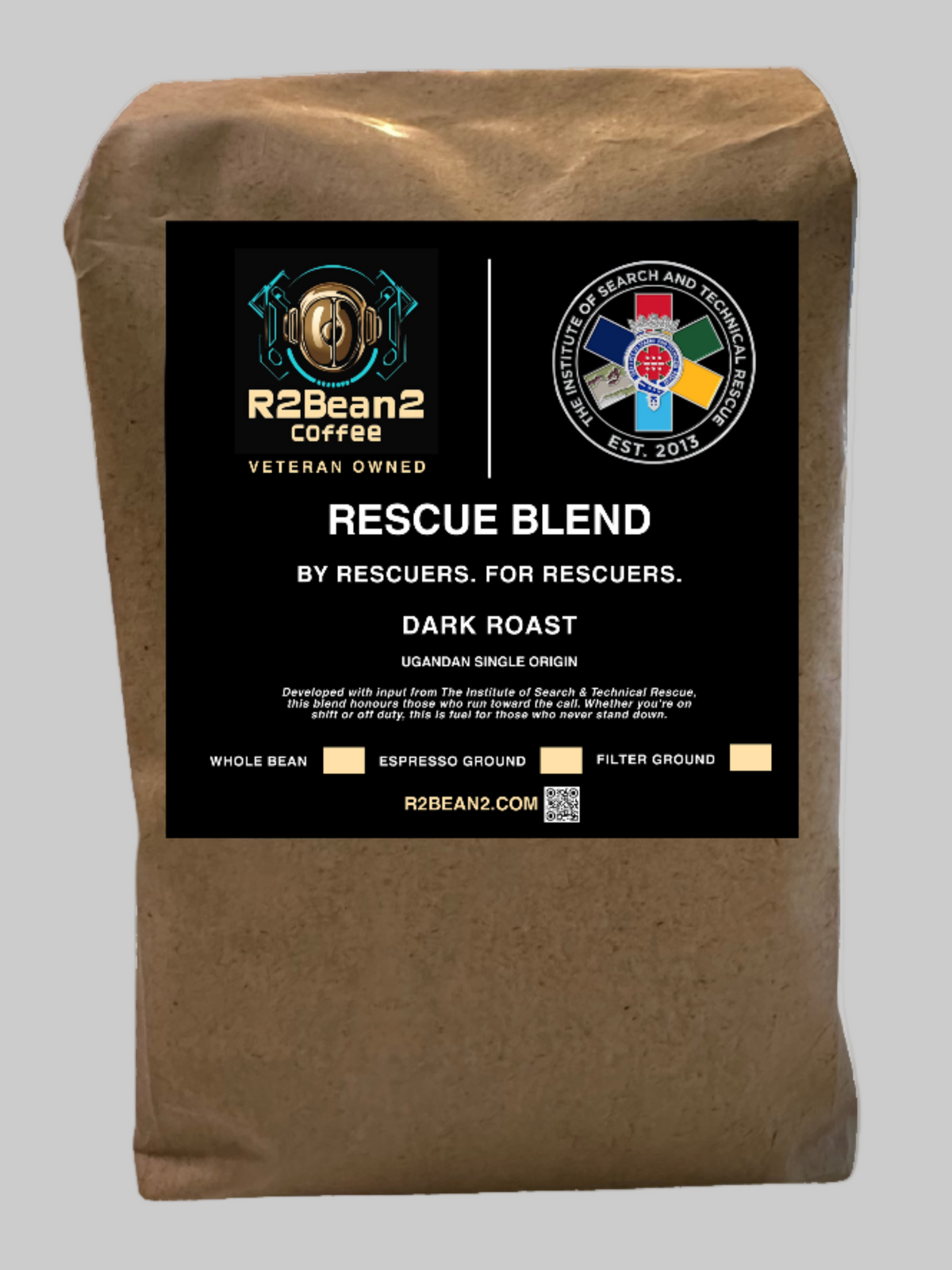 Brown coffee bag with R2Bean2 Coffee label on a gray background