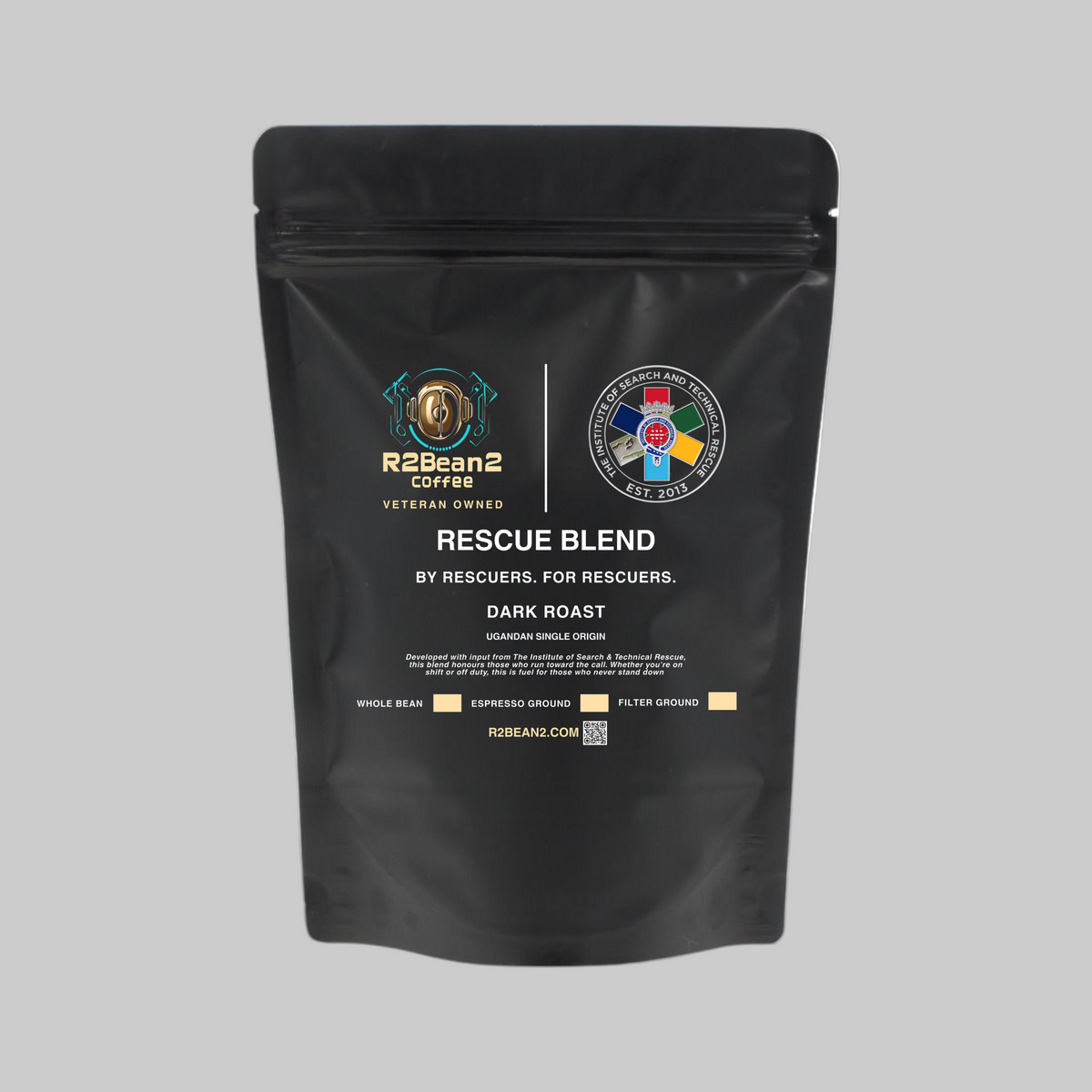 Black coffee bag labeled 'Rescue Blend' by R2Beans on a white background