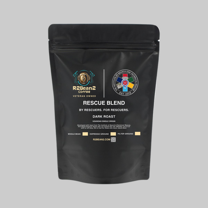 Black coffee bag labeled 'Rescue Blend' by R2Beans on a white background