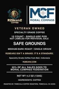 R2Bean2 Coffee packaging with Moral Compass branding on a black background