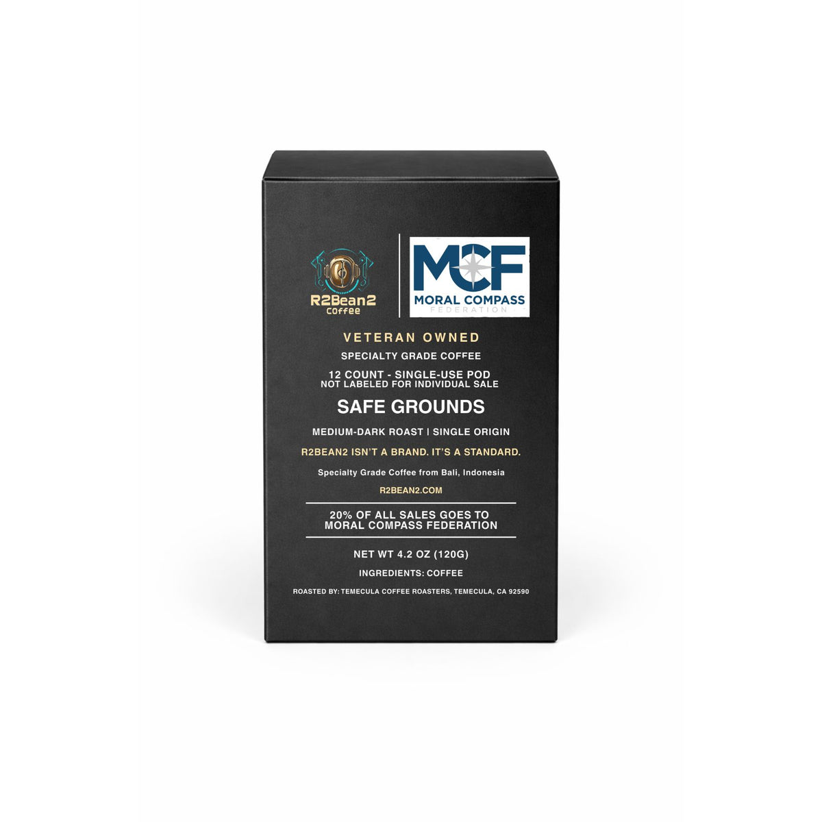 Black coffee pod box with R2Bean2 Coffee branding and Moral Compass Federation in blue and grey on a white background