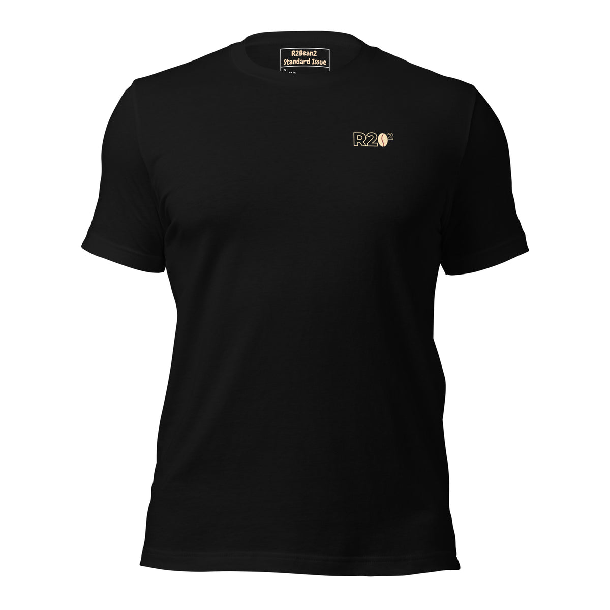 Black t-shirt with a logo on the chest against a black background