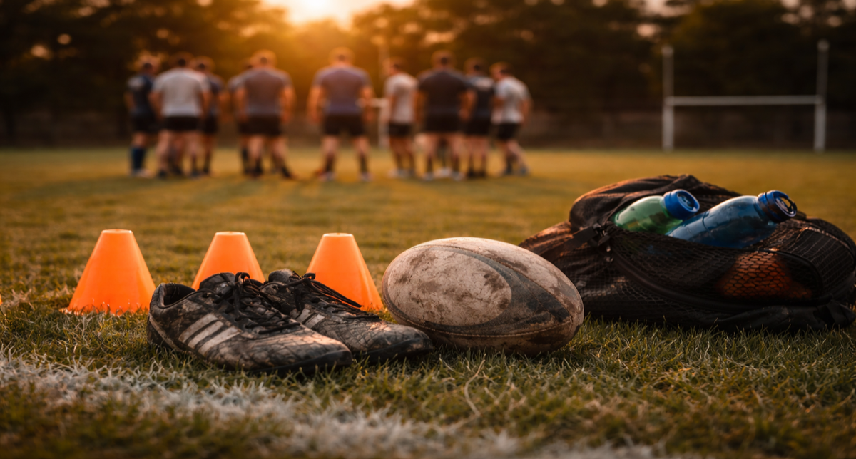 Rugby ball and shoes on a grass field with players and cones in the background.