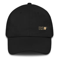 Black cap with a R2Bean2 logo on a white background