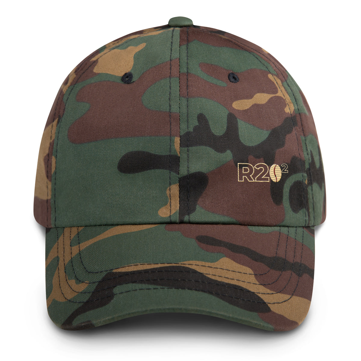 Camouflage baseball cap with a R2Bean2 logo on a white background