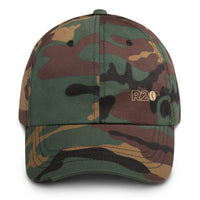 Camouflage baseball cap with a R2Bean2 logo on a white background