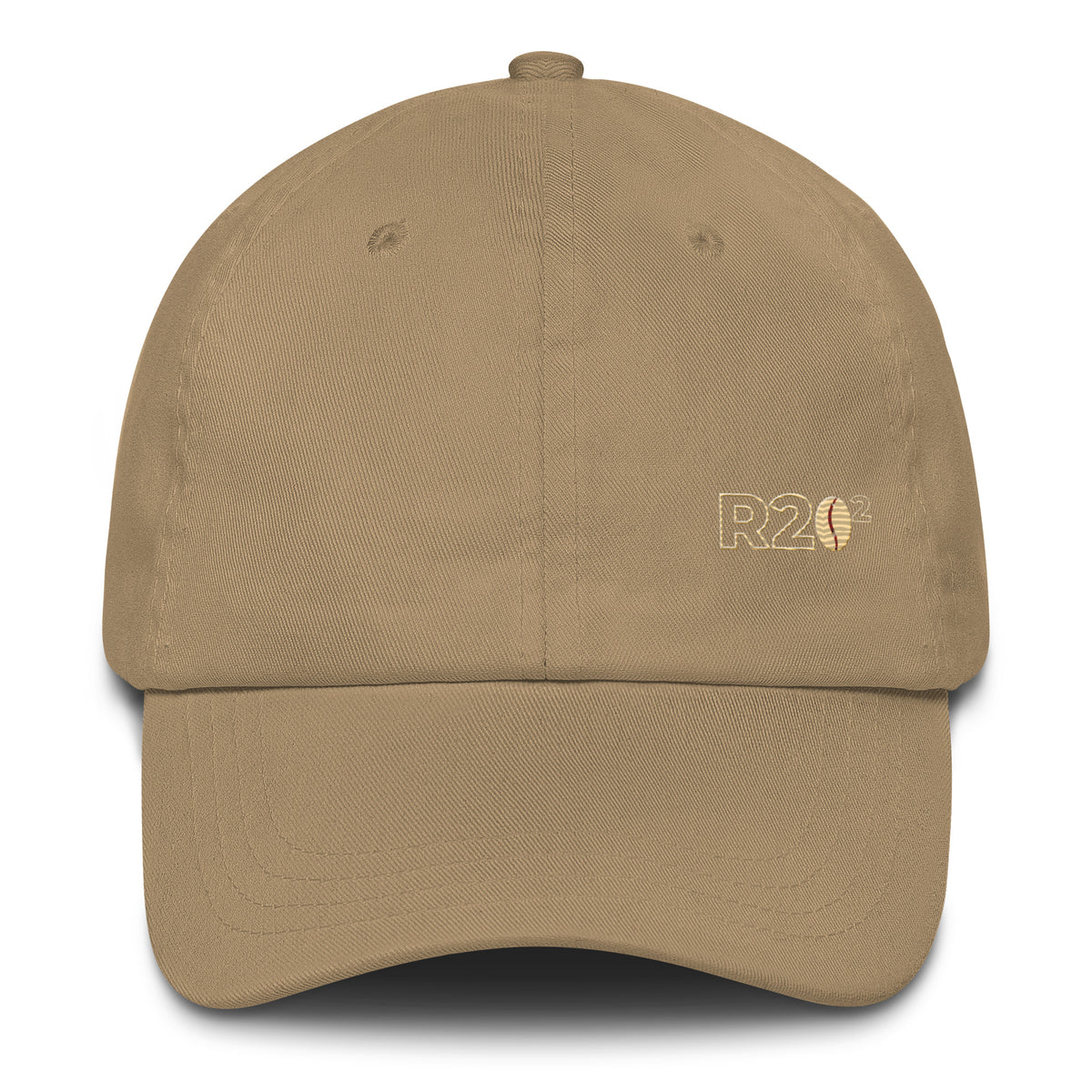 Khaki cap with a R2Bean2 logo on a white background