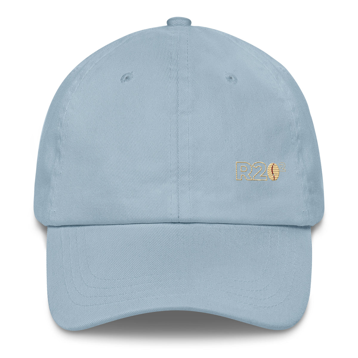 Light blue baseball cap with a R2Bean2 logo on a white background