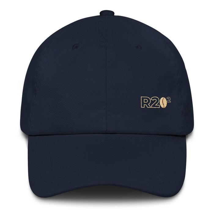 Navy blue cap with a R2Bean2 logo on a white background
