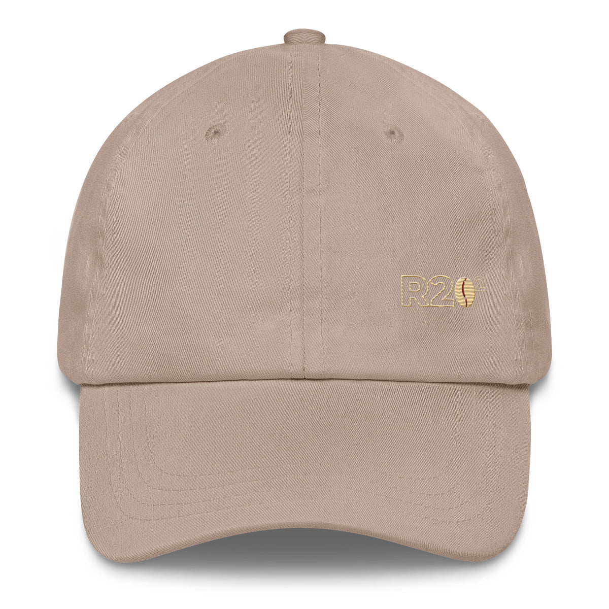 Beige cap with a R2Bean2 logo on a white background