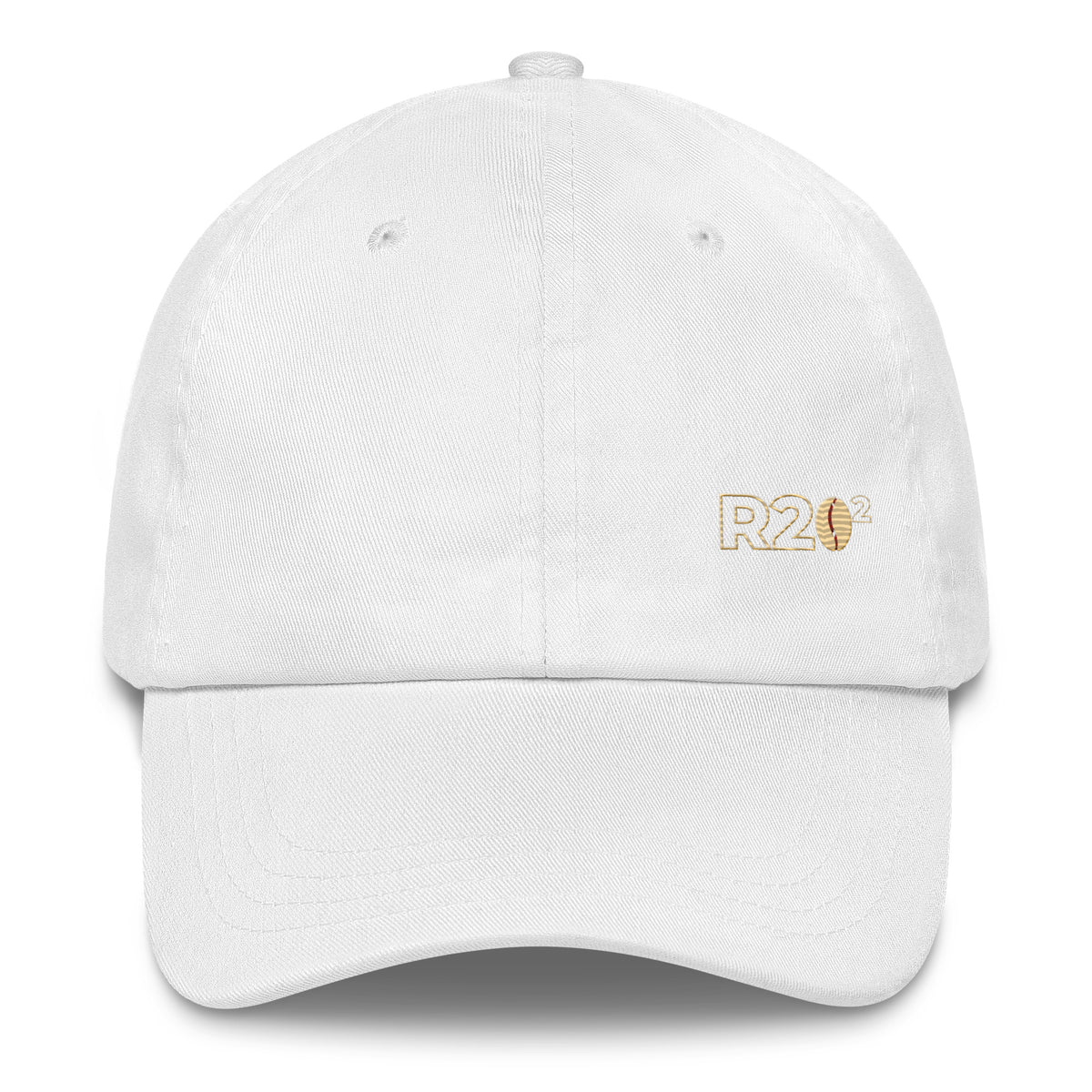 White cap with a small R2Bean2 logo on a white background