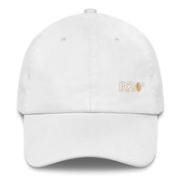 White cap with a small R2Bean2 logo on a white background