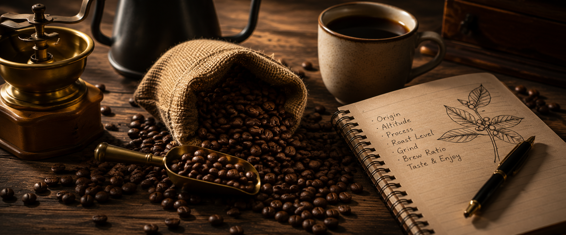 A wooden table displays a cup of freshly brewed coffee, scattered coffee beans, and an open notebook with tasting notes labelled origin, altitude, process, roast level, grind, brew ratio, taste, and enjoy. The warm, rustic scene celebrates the craft of coffee and the journey from bean to cup.